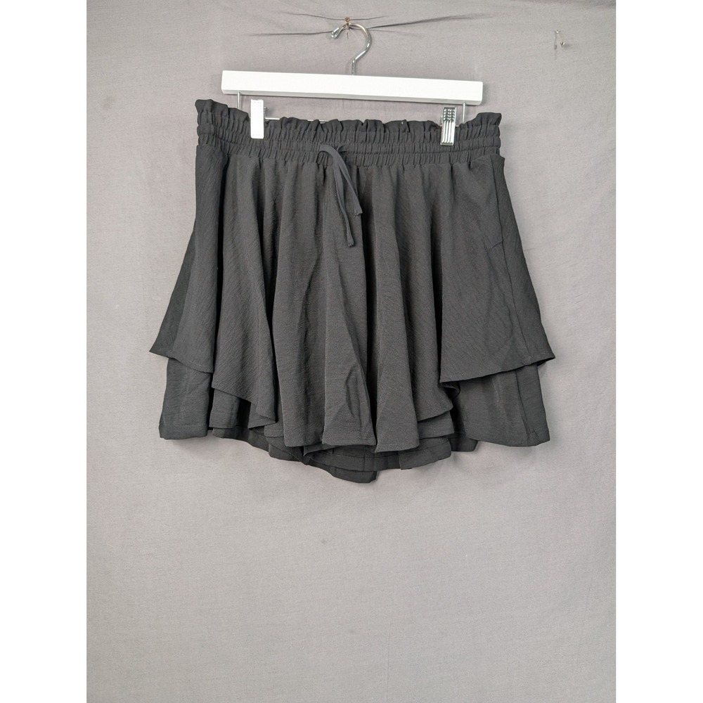 Bsubseach Black Ruffle Layered Skort Shorts XL Elastic Waist Drawstring Solid